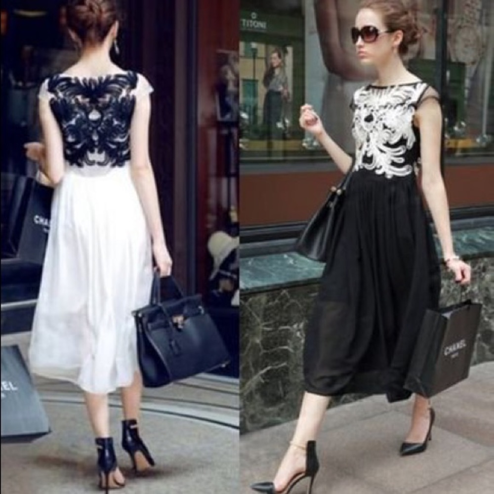 L&X Black Shear Chiffon White Soutache MIDI Dress - Picture 10 of 14